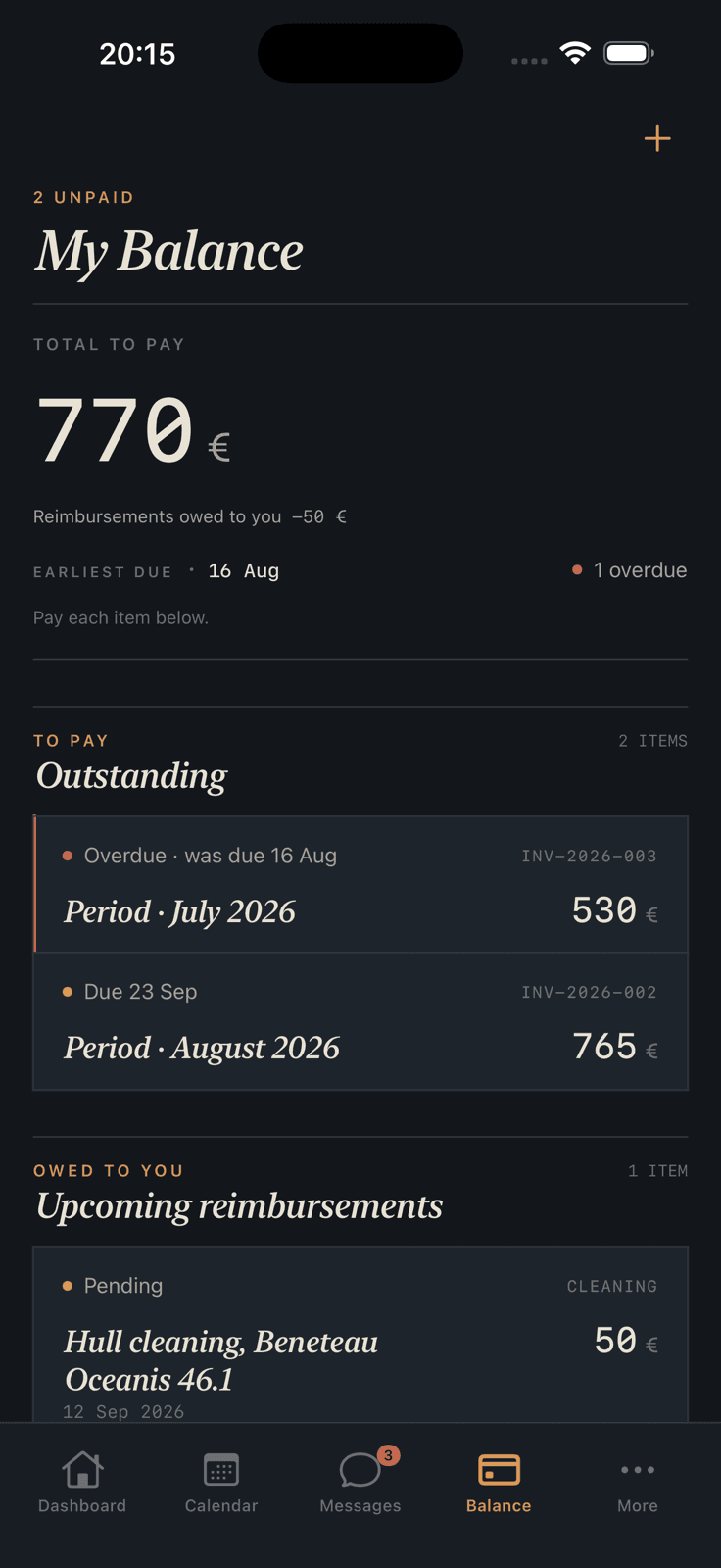 Die Kai-iPhone-App mit dem Kontostand eines Eigners, inklusive einer Erstattung für die Rumpfreinigung der Beneteau