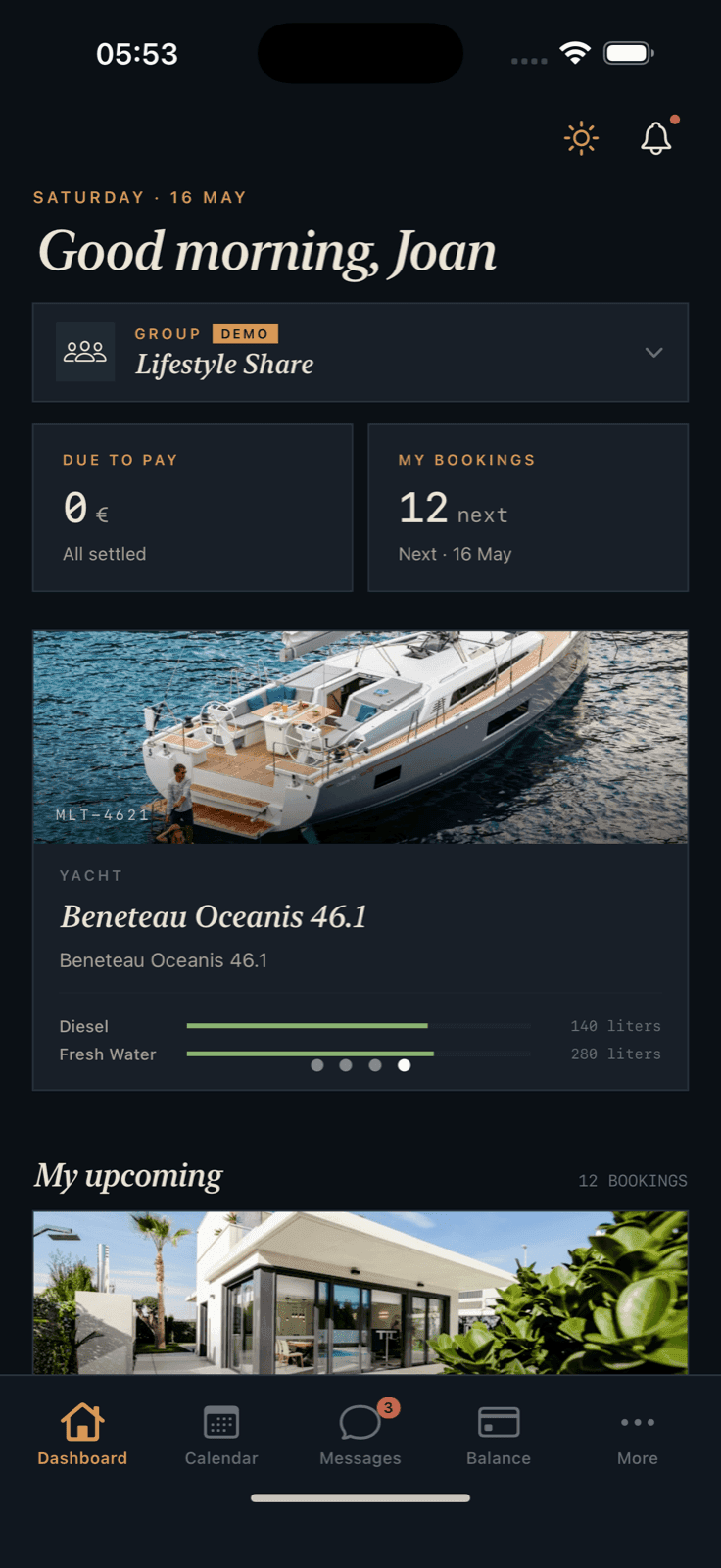 Member dashboard with balance, next booking, and the group's yacht