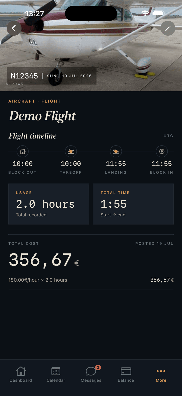 A completed flight: timeline, hours recorded, and the cost posted