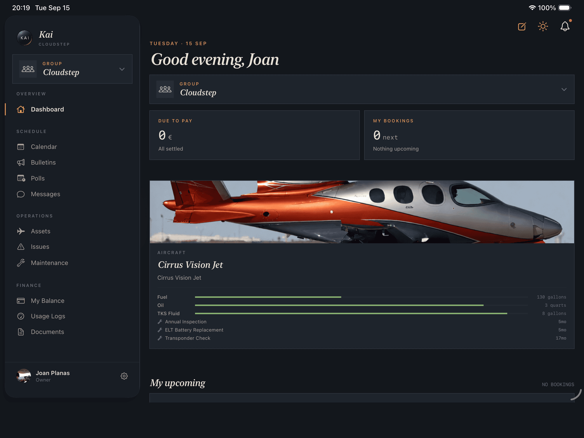 Kai on iPad: the member dashboard with open balance, next booking, and the group's Cirrus Vision Jet