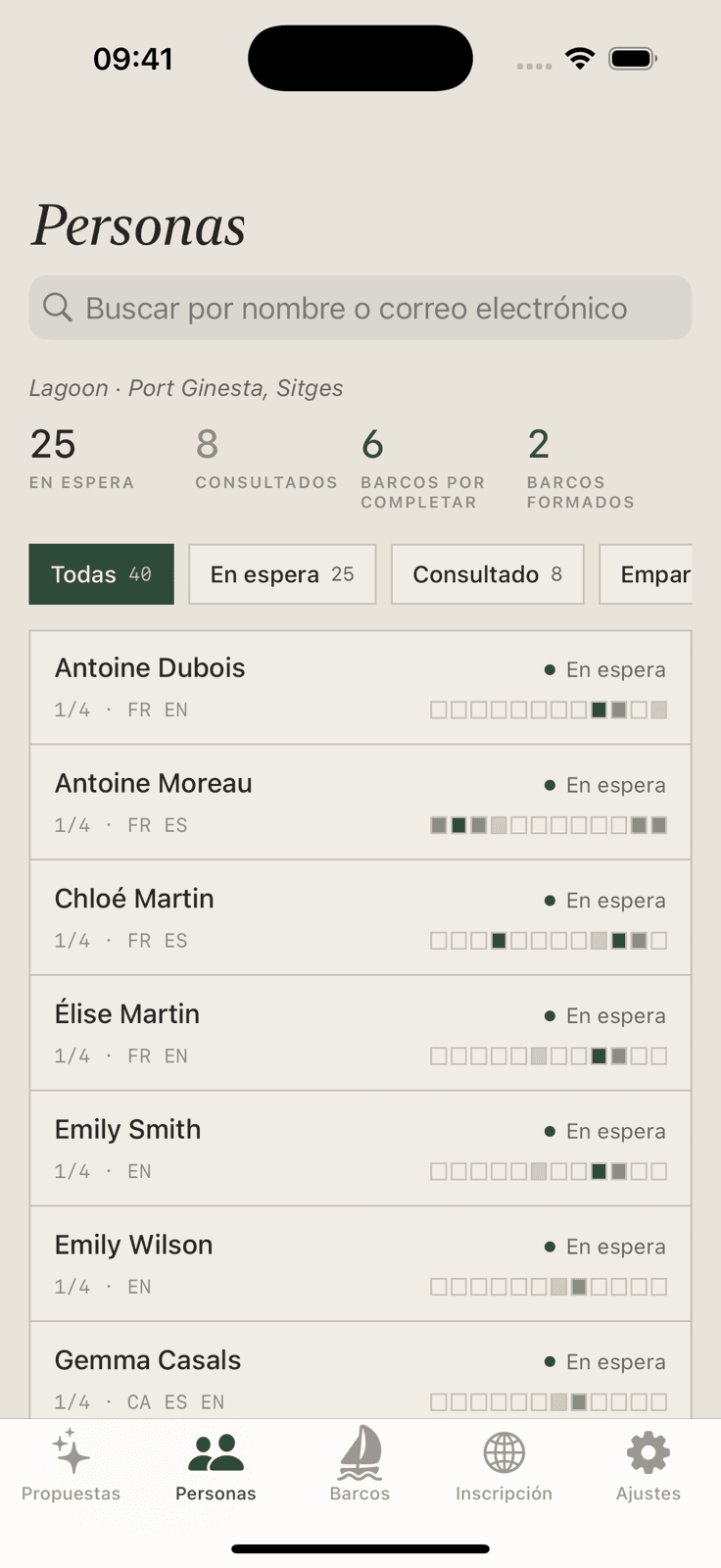 Kai Operator for iPhone: the waiting list, with each person's shares, languages and preferred months