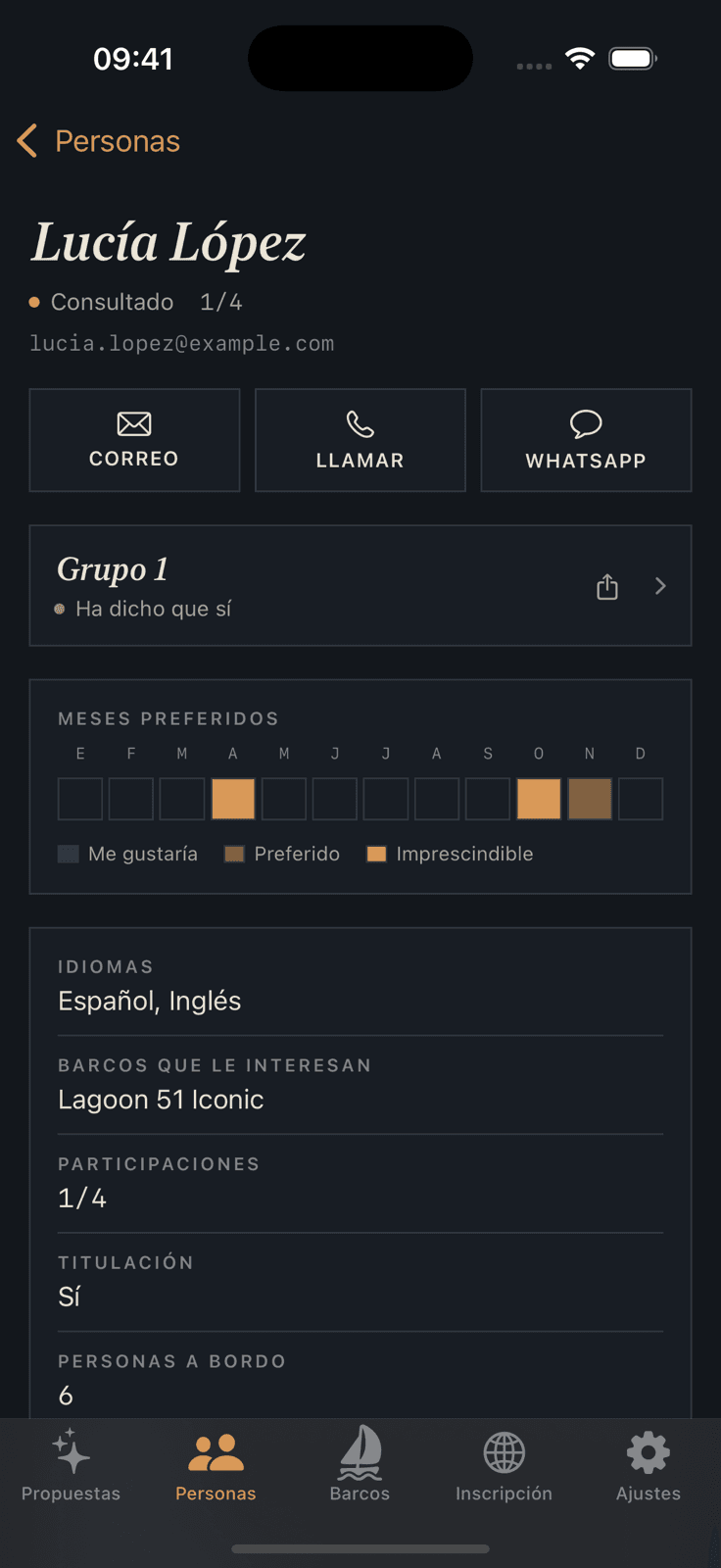 Kai Operator in dark mode: a person's page with email, call and WhatsApp buttons and their preferred months