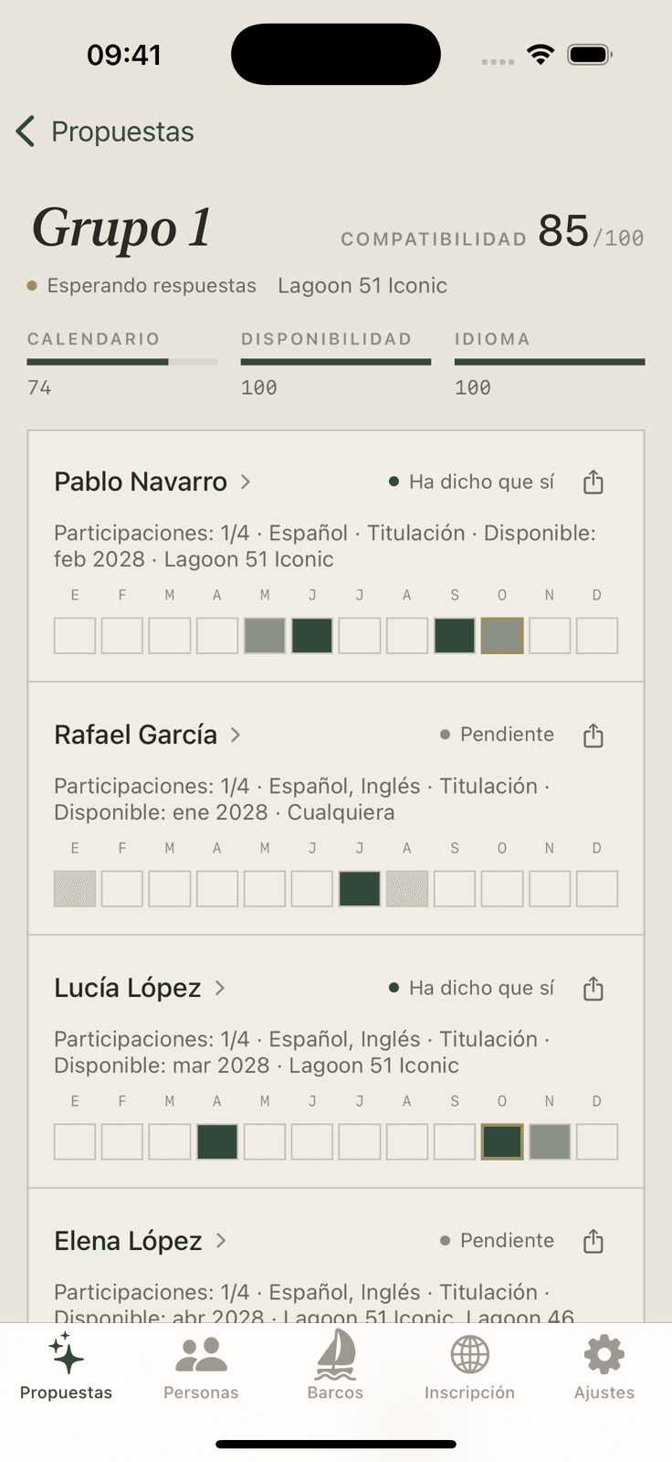 A proposal in Kai Operator: a fit of 85 out of 100 with calendar, timing and language scores, and each person's months
