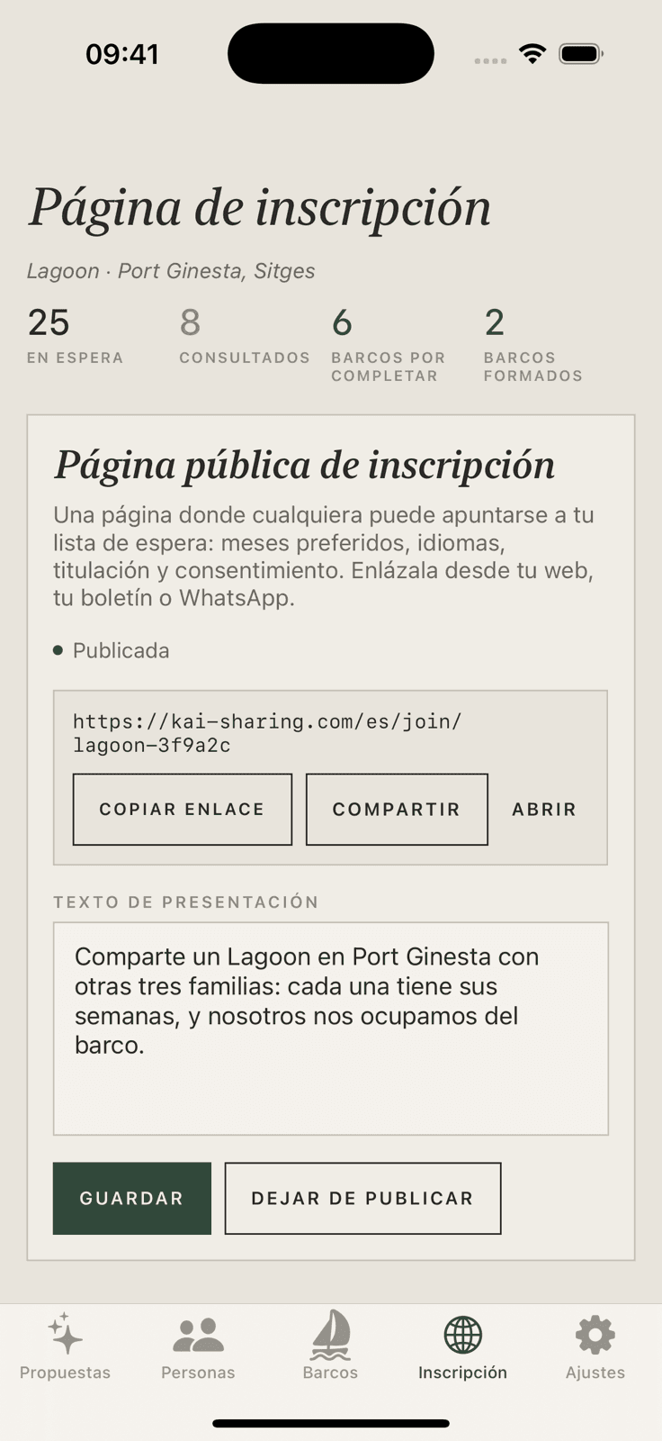 The sign-up page in Kai Operator: published, with its link and intro text