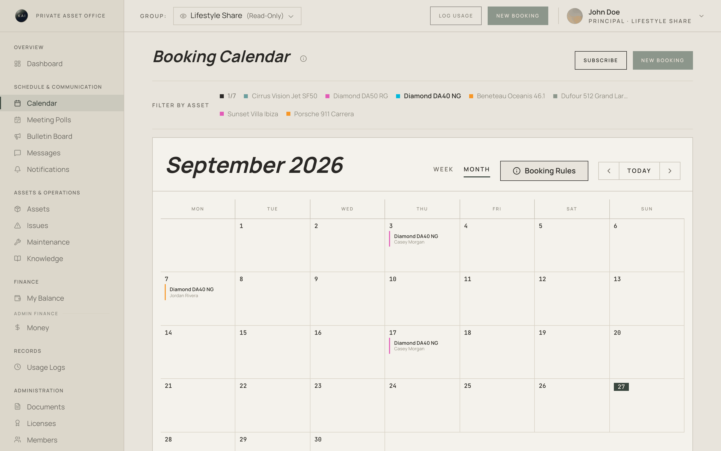 El calendario de reservas de Kai para septiembre, filtrado por la Diamond DA40 NG