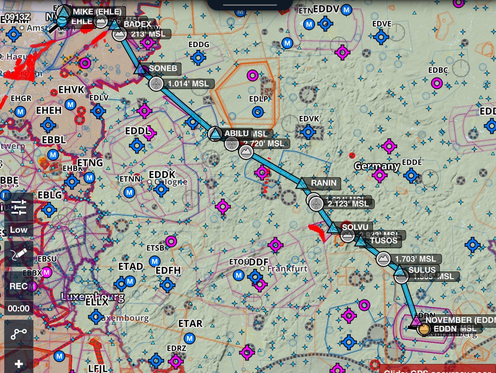 La rotta da EDDN a EHLE sulla mappa mobile di ForeFlight