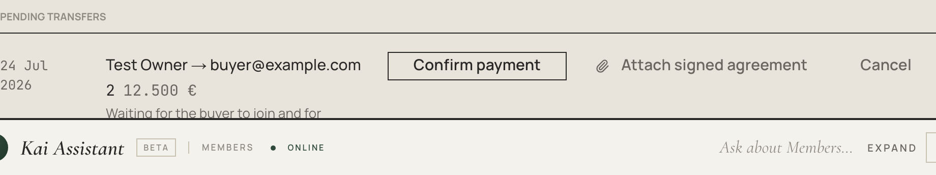 A pending transfer waiting for the buyer and the payment